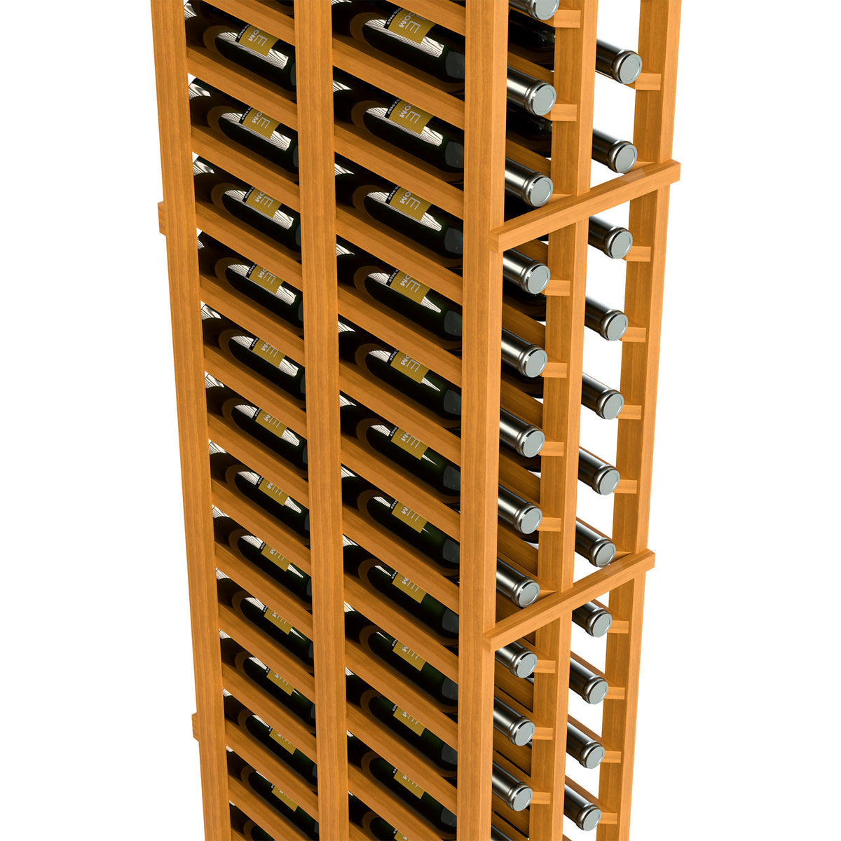 Wine rack close side view with double columns and bottle slots, light wood frame.