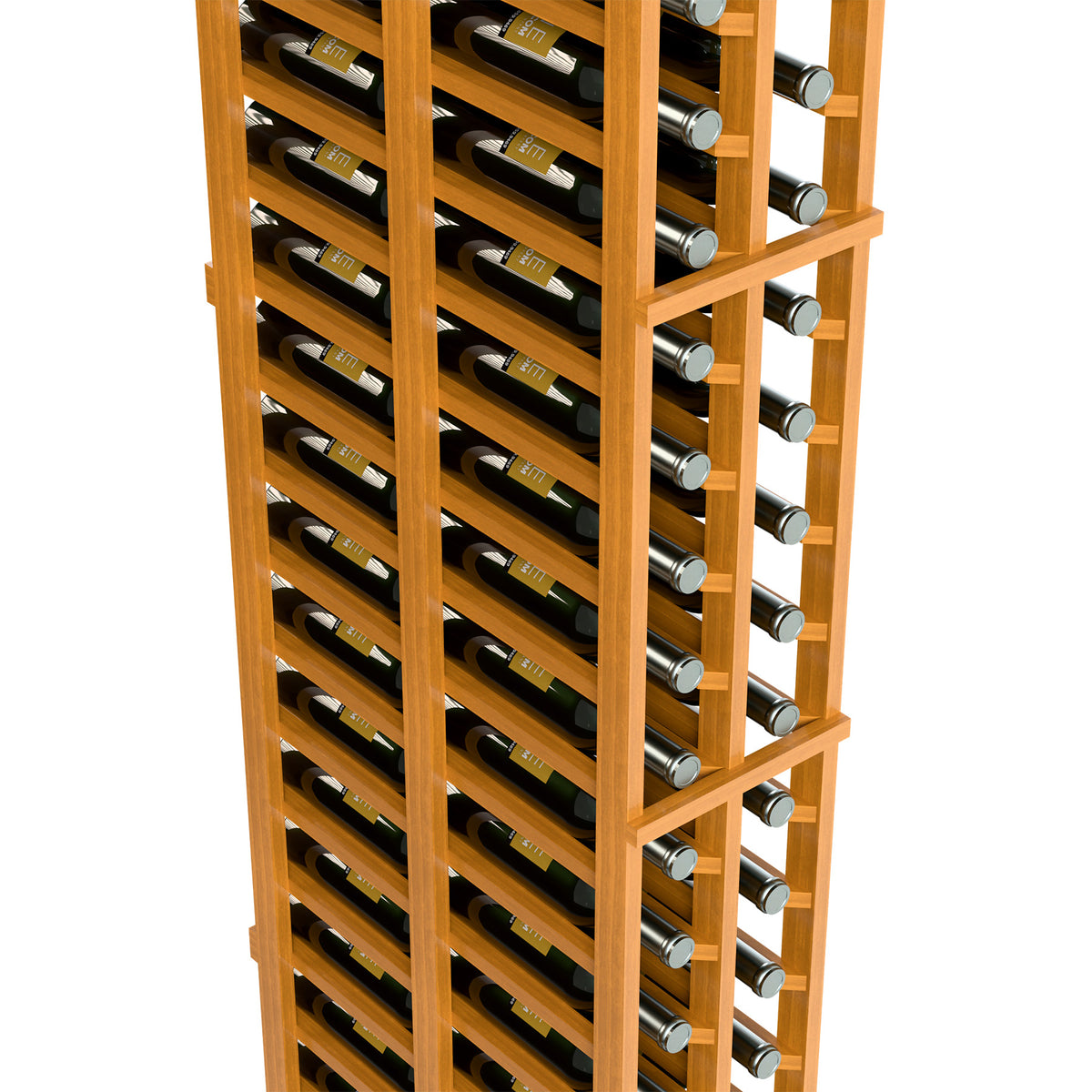 Wine storage rack side view showing double columns and bottle slots in light wood.