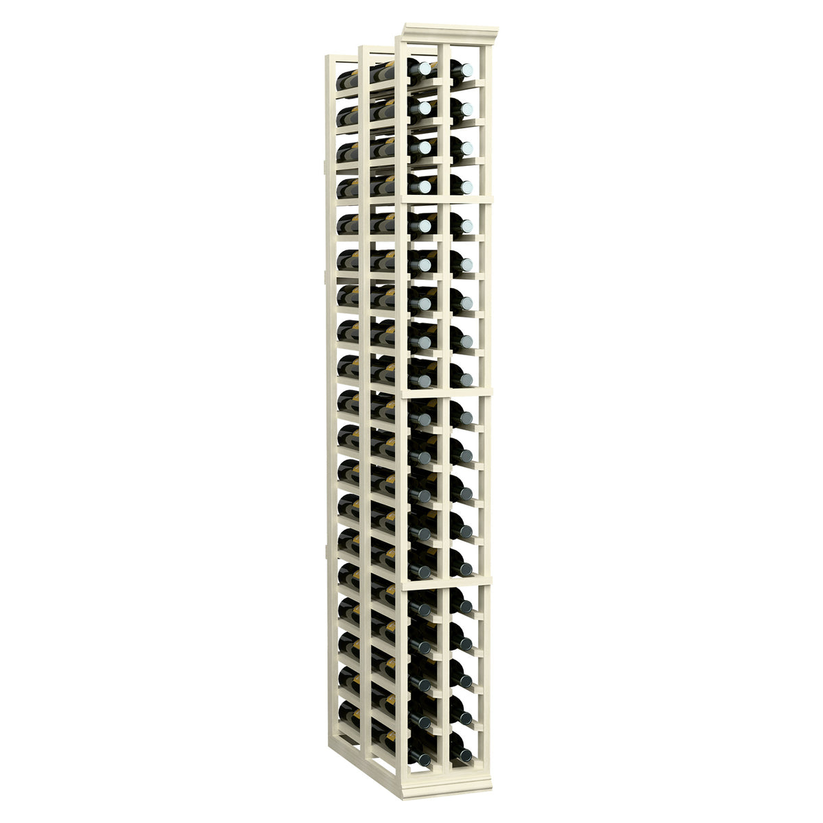 White wine rack with two vertical columns and bottle slots, rows of stored bottles.