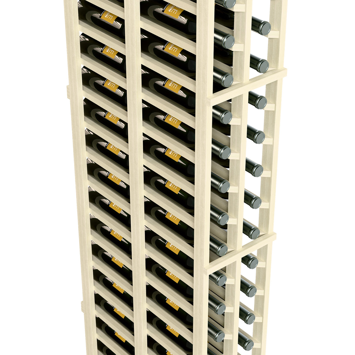 White wine rack side view with double columns, bottle slots, visible bottle necks.