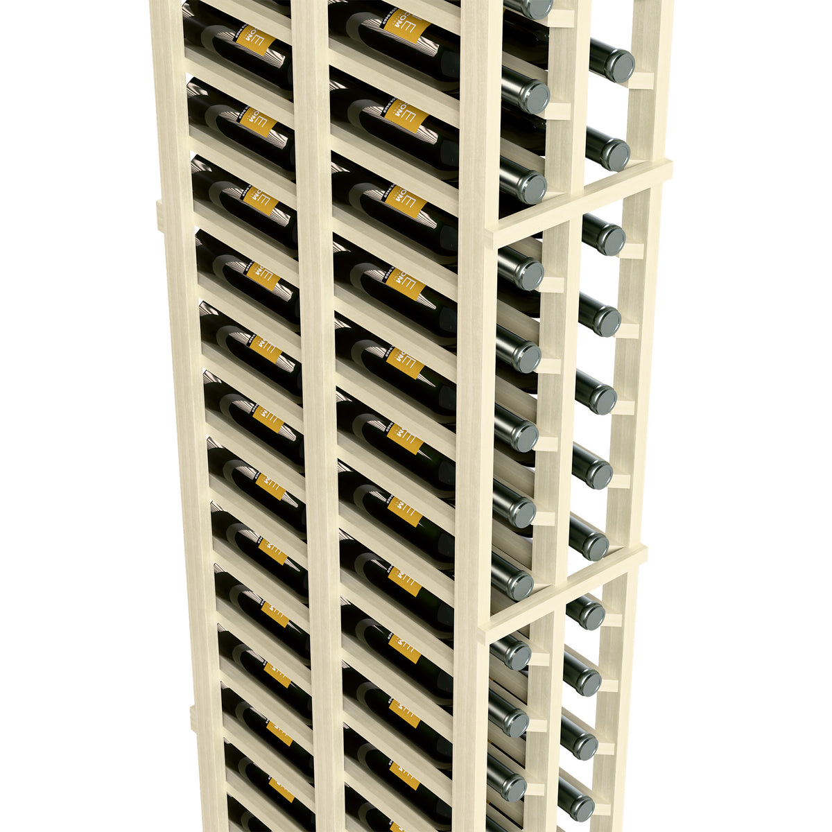 White wine storage rack close-up side view, double columns with bottle slots.