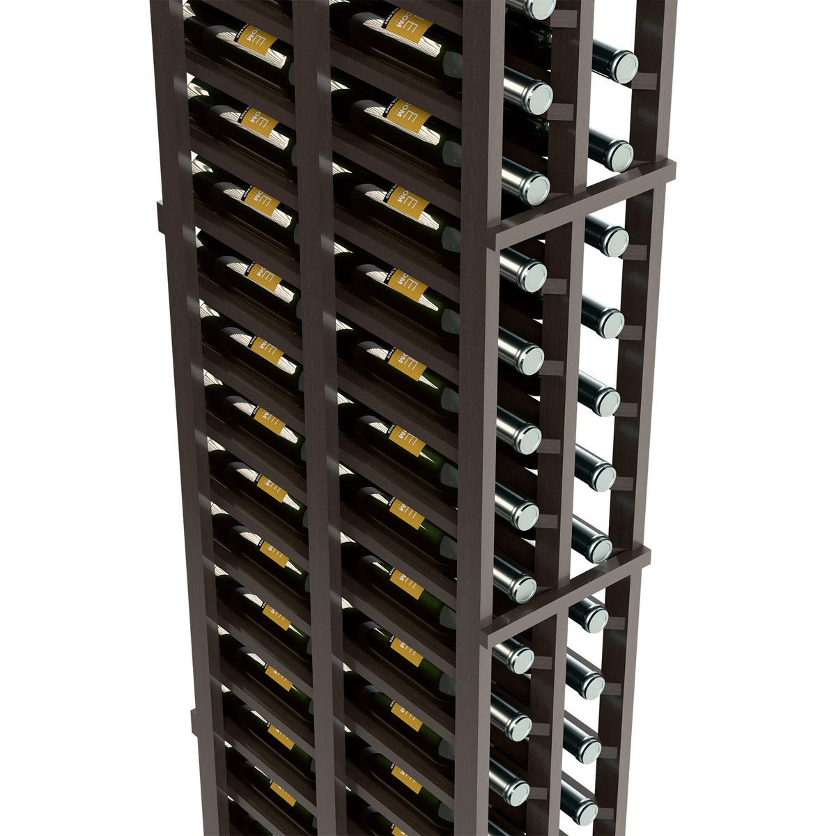 6FT double-deep wine rack with dark brown frame, side view with bottle rows and two columns