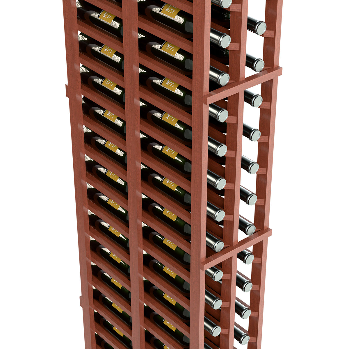 6FT double-deep wine rack with reddish-brown frame, side view with bottles and two columns