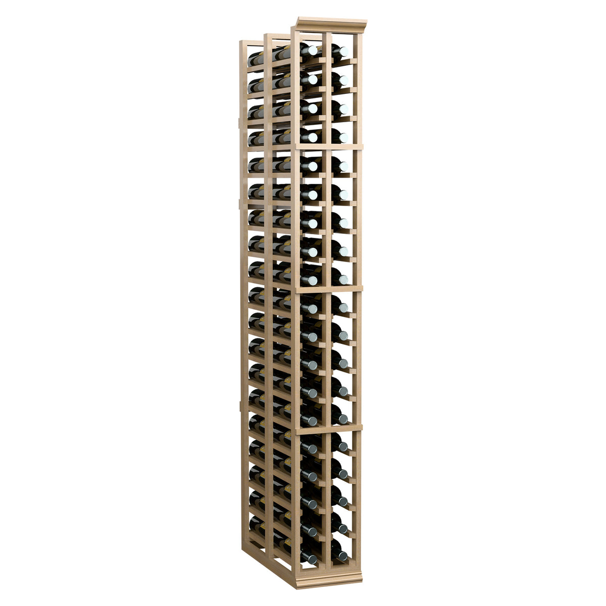 Light wood 2-column double-deep wine rack with angled bottle slots and bottle tops