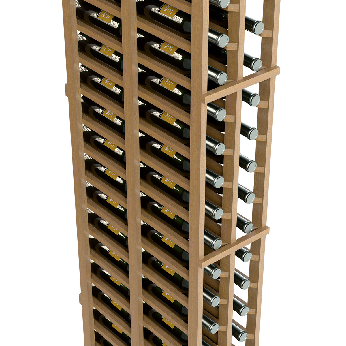 Light wood wine rack with two side-by-side columns and angled bottle slots