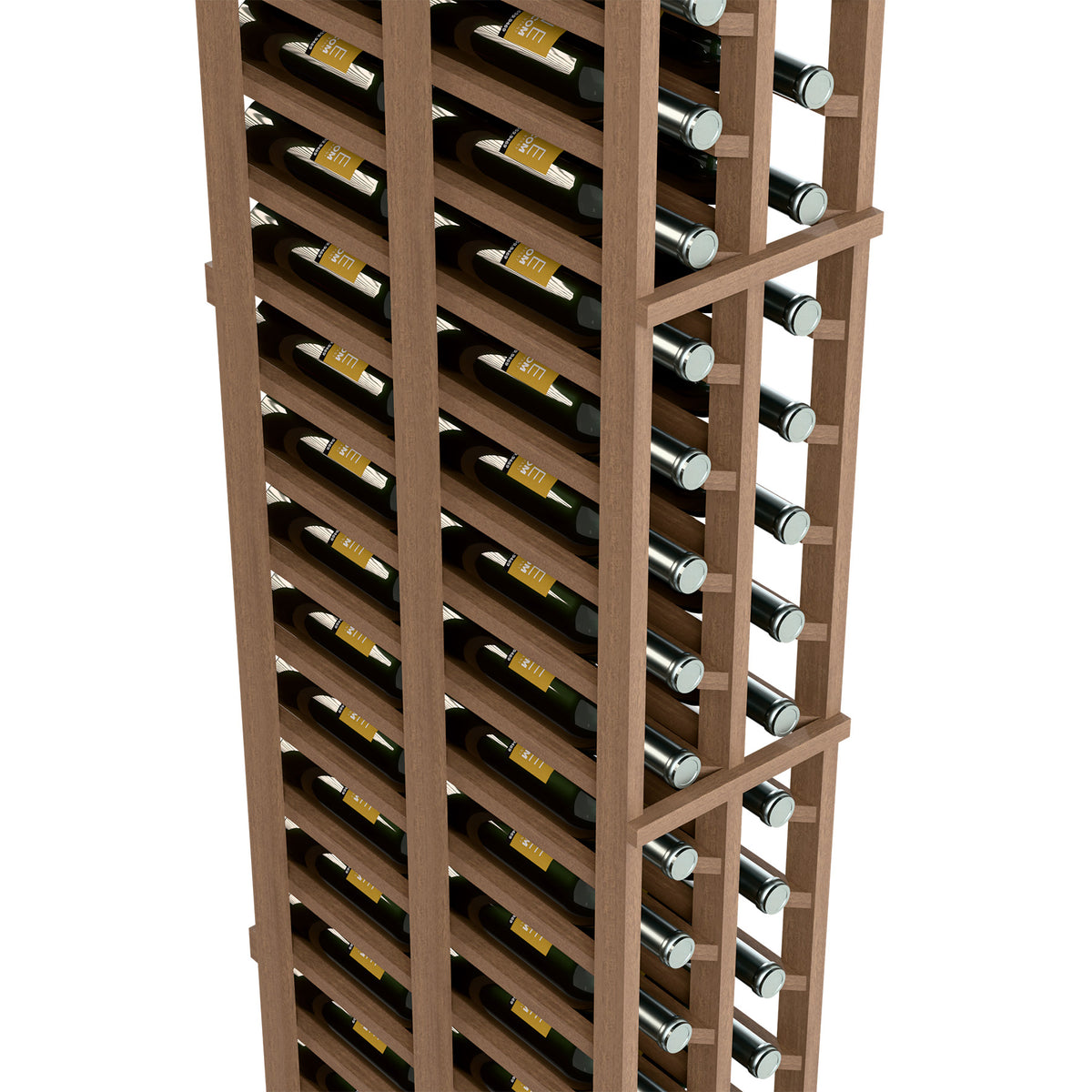 Light wood double-deep wine rack showing angled slots and bottle necks