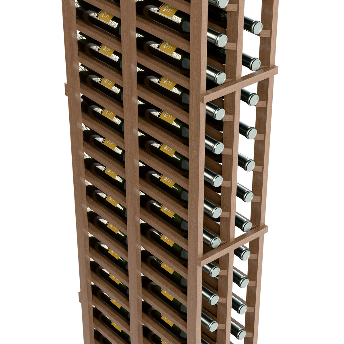 Light wood wine rack close-up with two columns and angled bottle storage slots