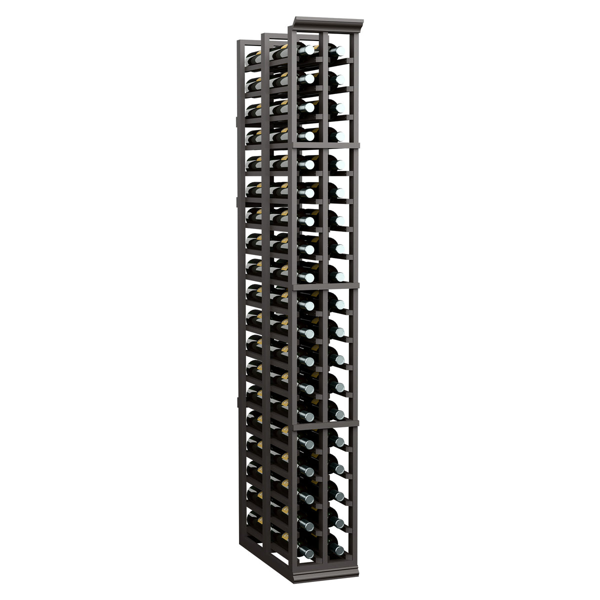 Dark wood 2-column double-deep wine rack with angled bottle slots and bottle tops