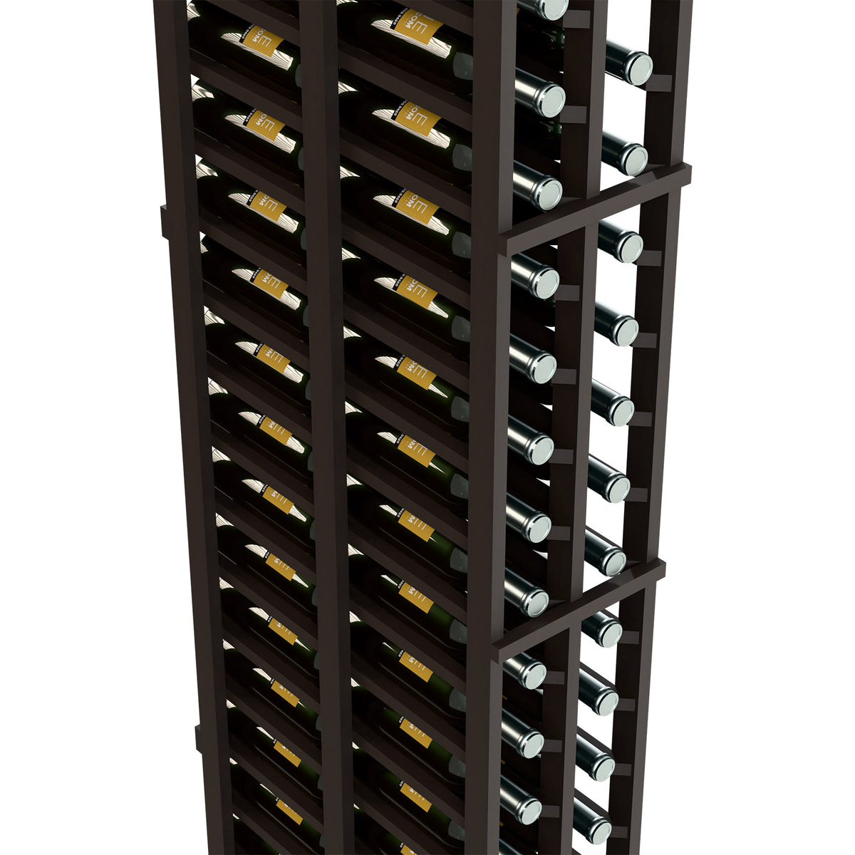 Dark wood wine rack close-up with two side-by-side columns of angled bottle slots