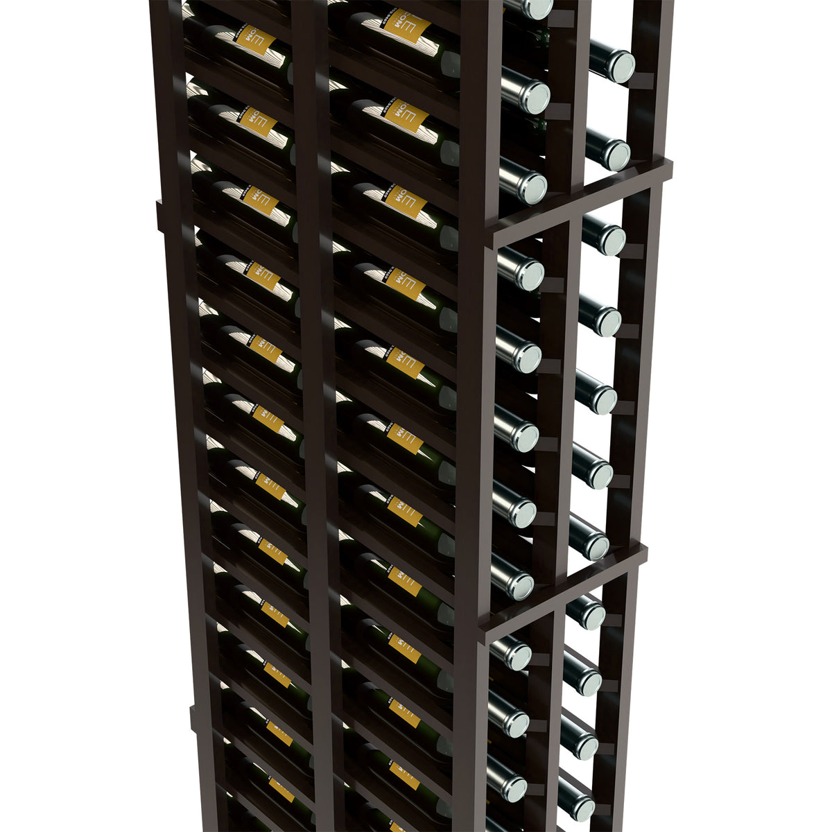 Dark wood double-deep wine rack showing angled slots and bottle necks