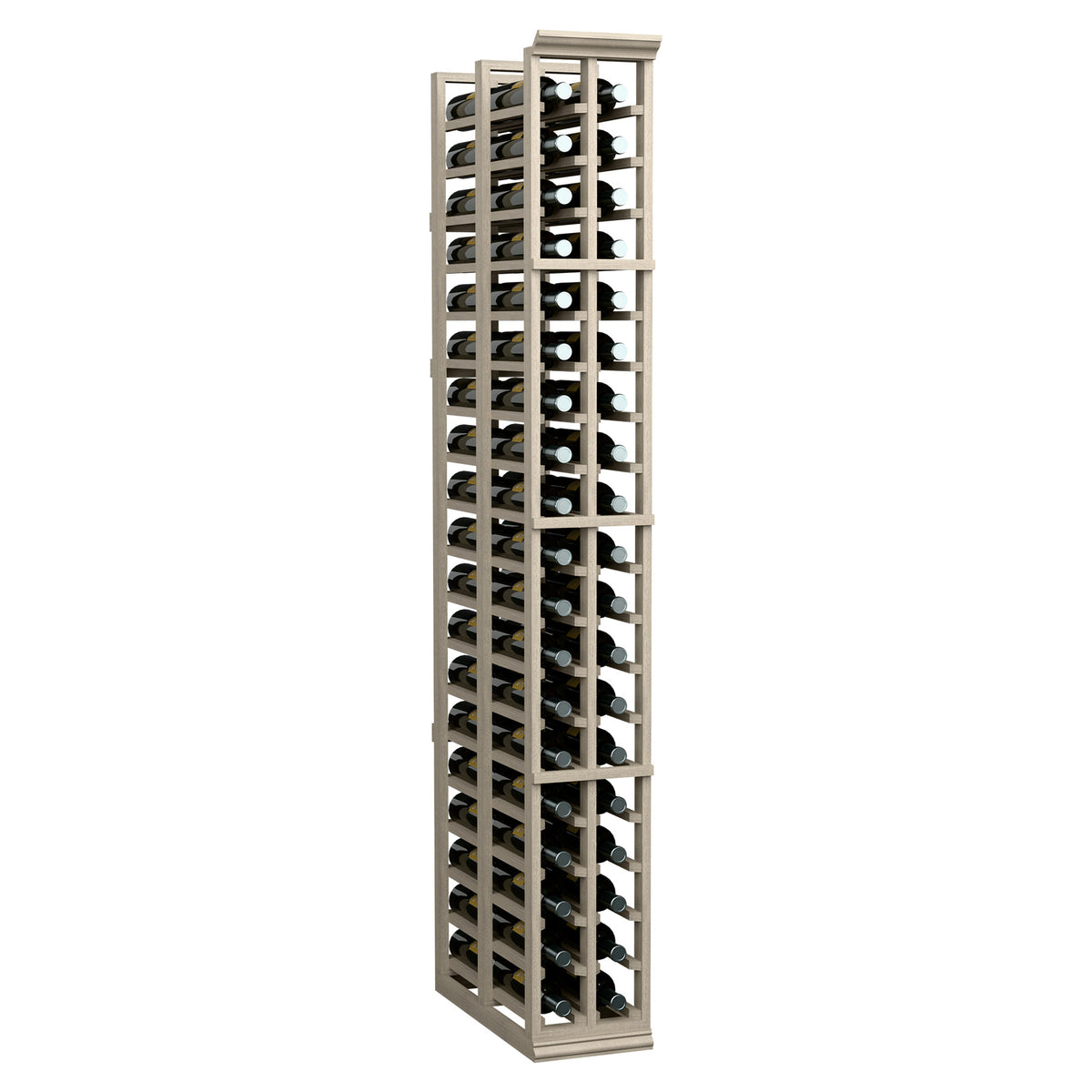 Two-column double-deep wine bottle rack with dark wooden frame and bottle slots