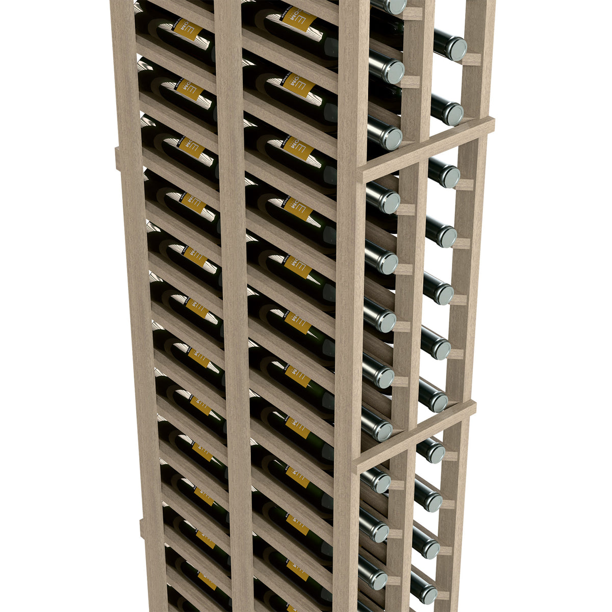 Close-up of double-deep wine bottle rack with dark slats and silver bottle rests