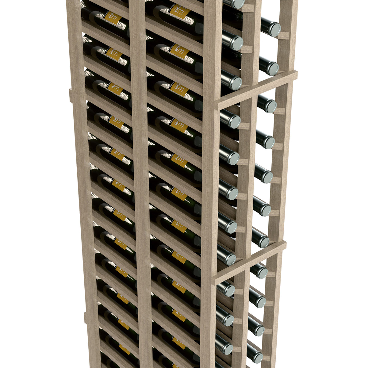 Side view of double-deep wine bottle rack with dark slats and metal bottle supports