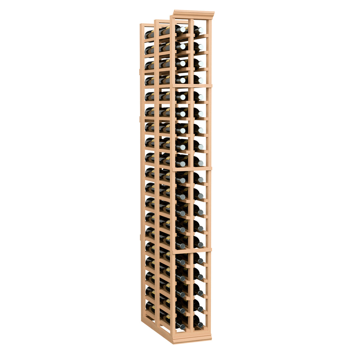 Two-column double-deep wine bottle rack in light wood with bottle storage slots