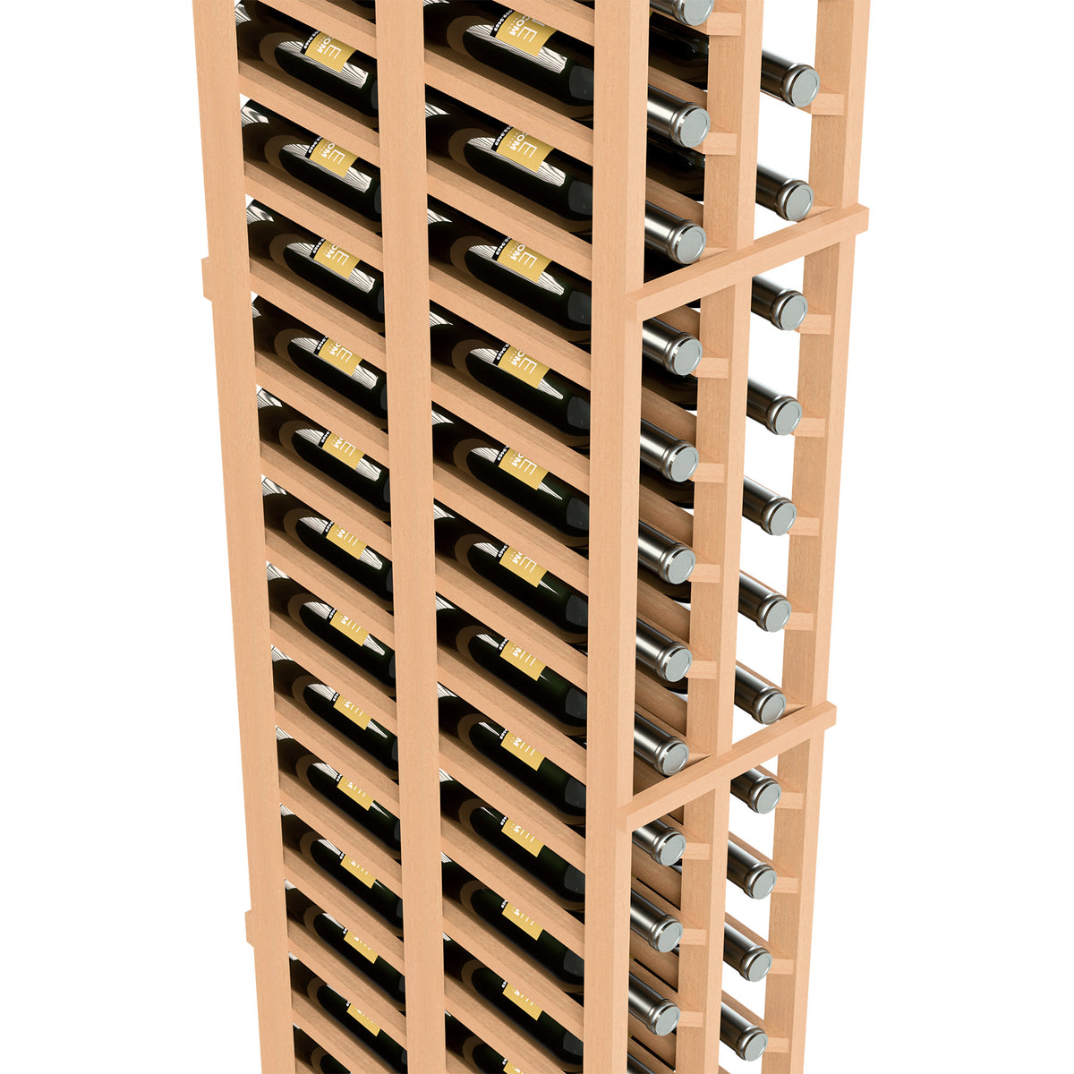 Close-up of light wood double-deep wine bottle rack with metal bottle rests