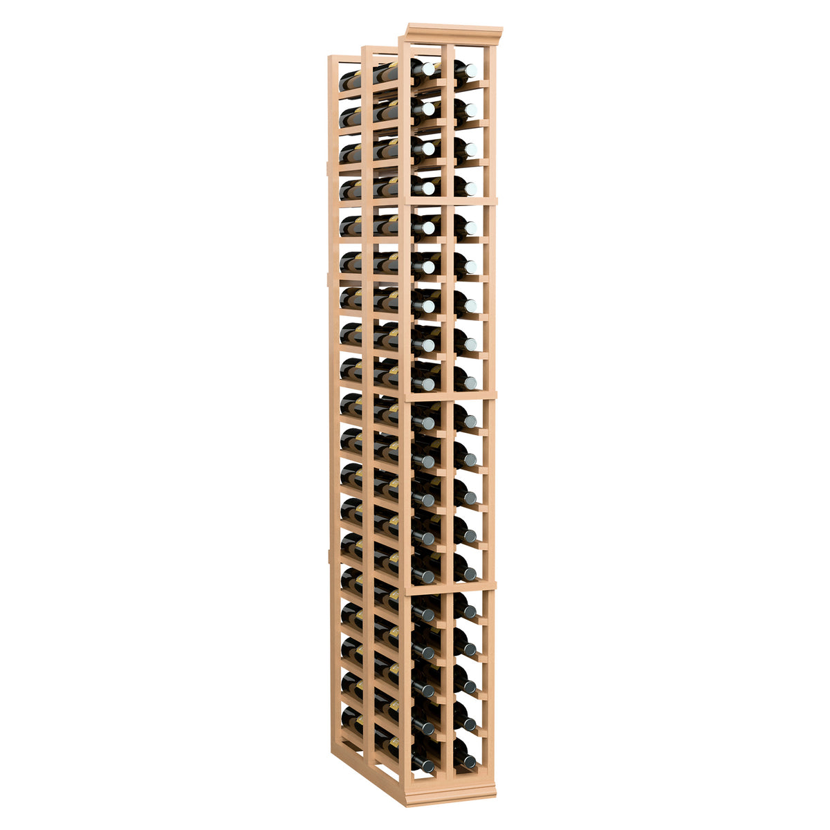 Tall two-column double-deep wine bottle rack in light wood
