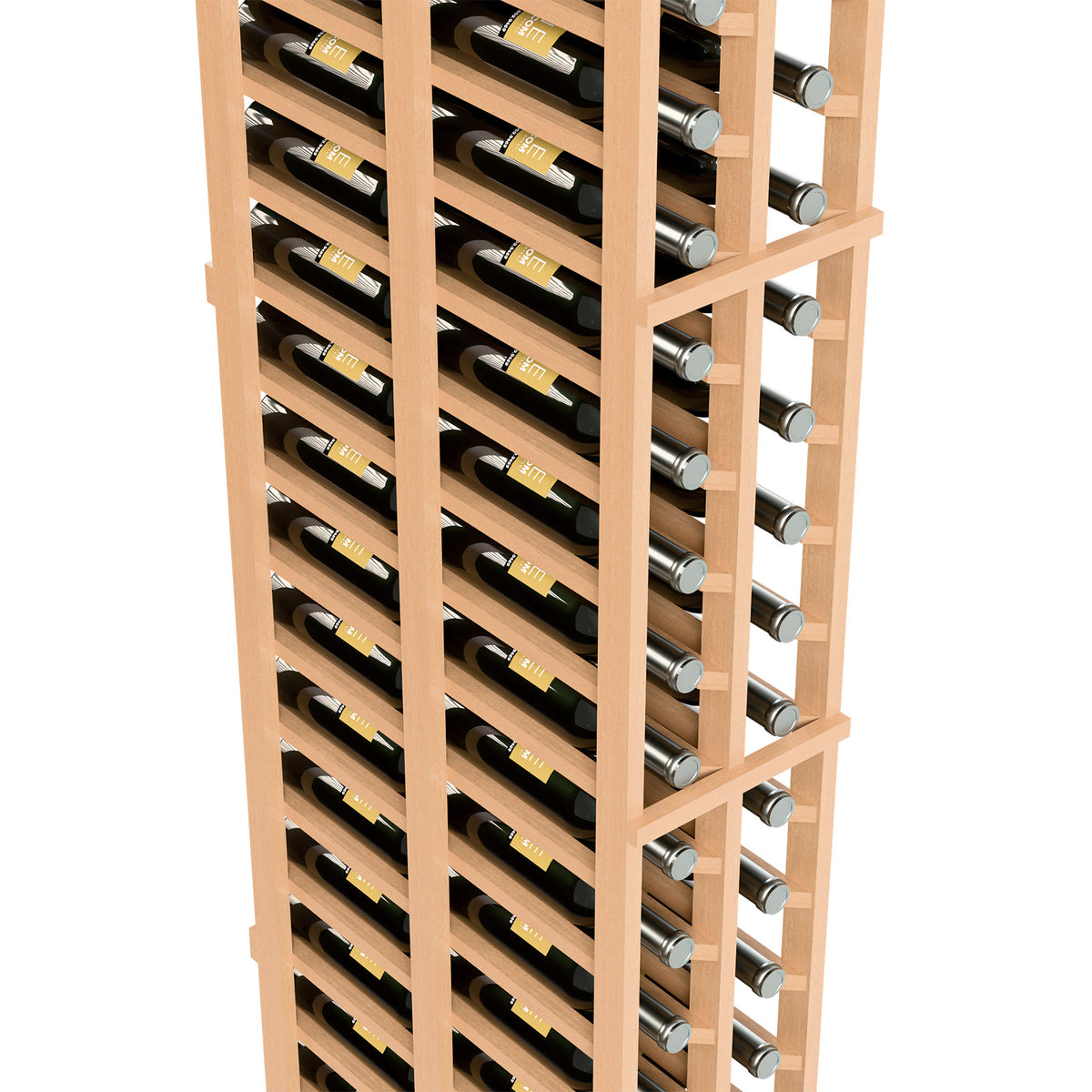 Side view of light wood double-deep wine bottle rack with metal bottle supports