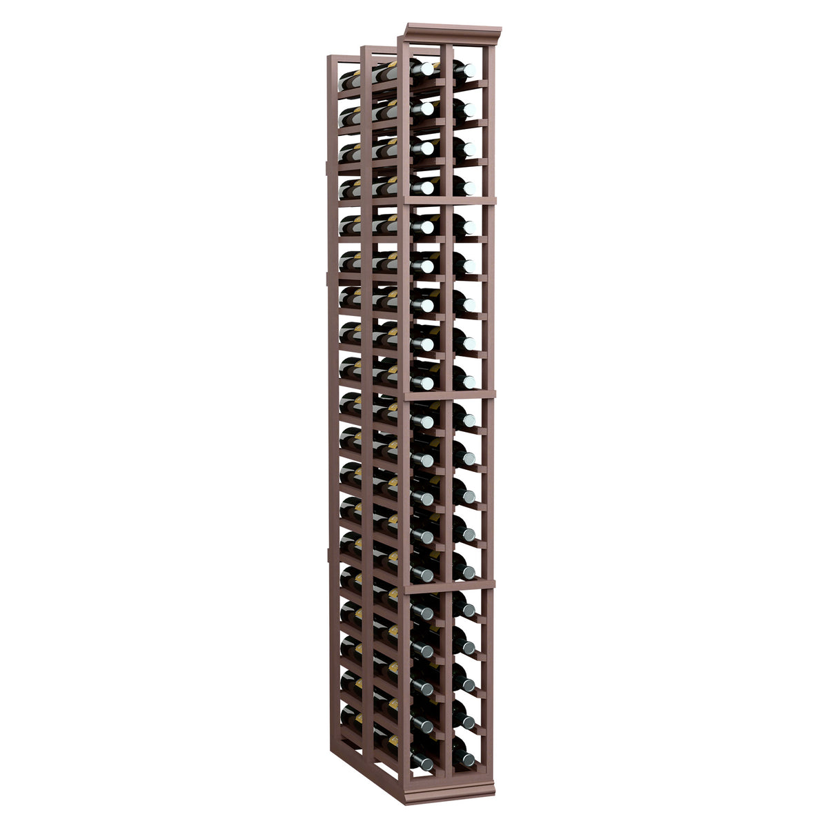 Two-column double-deep wine bottle rack in dark brown wood with bottle slots