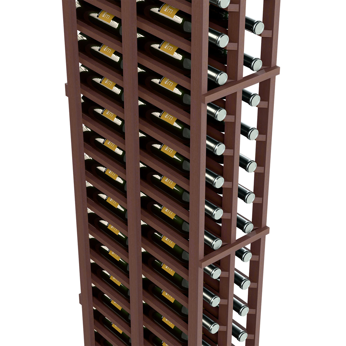 Close-up of dark brown double-deep wine bottle rack with metal bottle rests