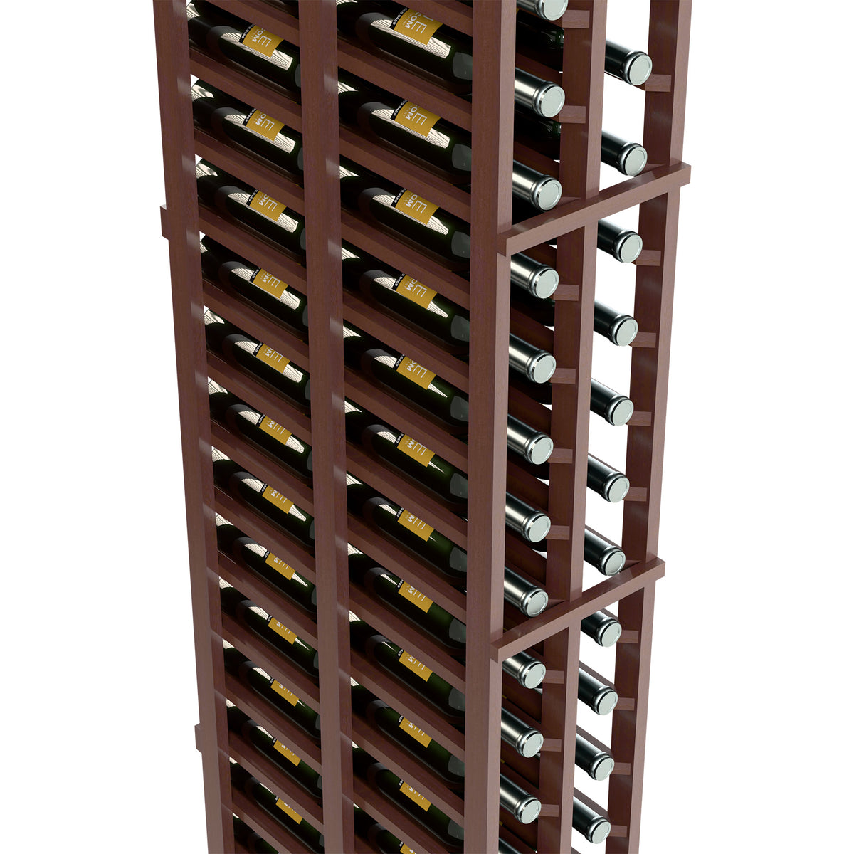 Two-column double deep wine rack showing bottle slots, dark wood frame and rails.