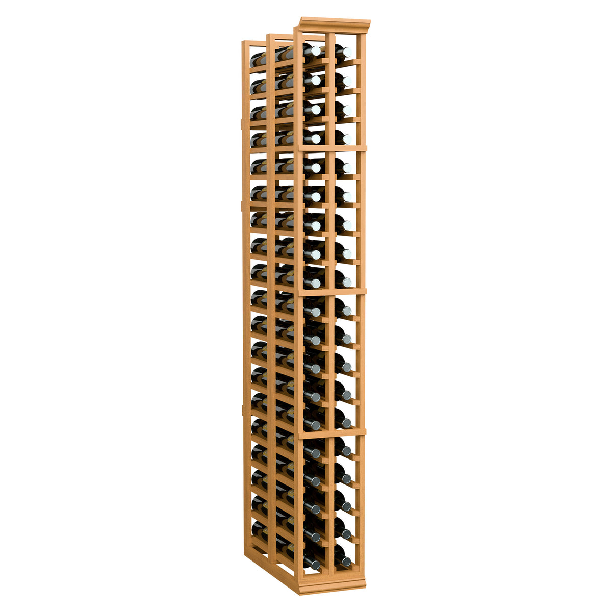 Two-column double deep wine rack with bottle slots, light wood frame and end caps.