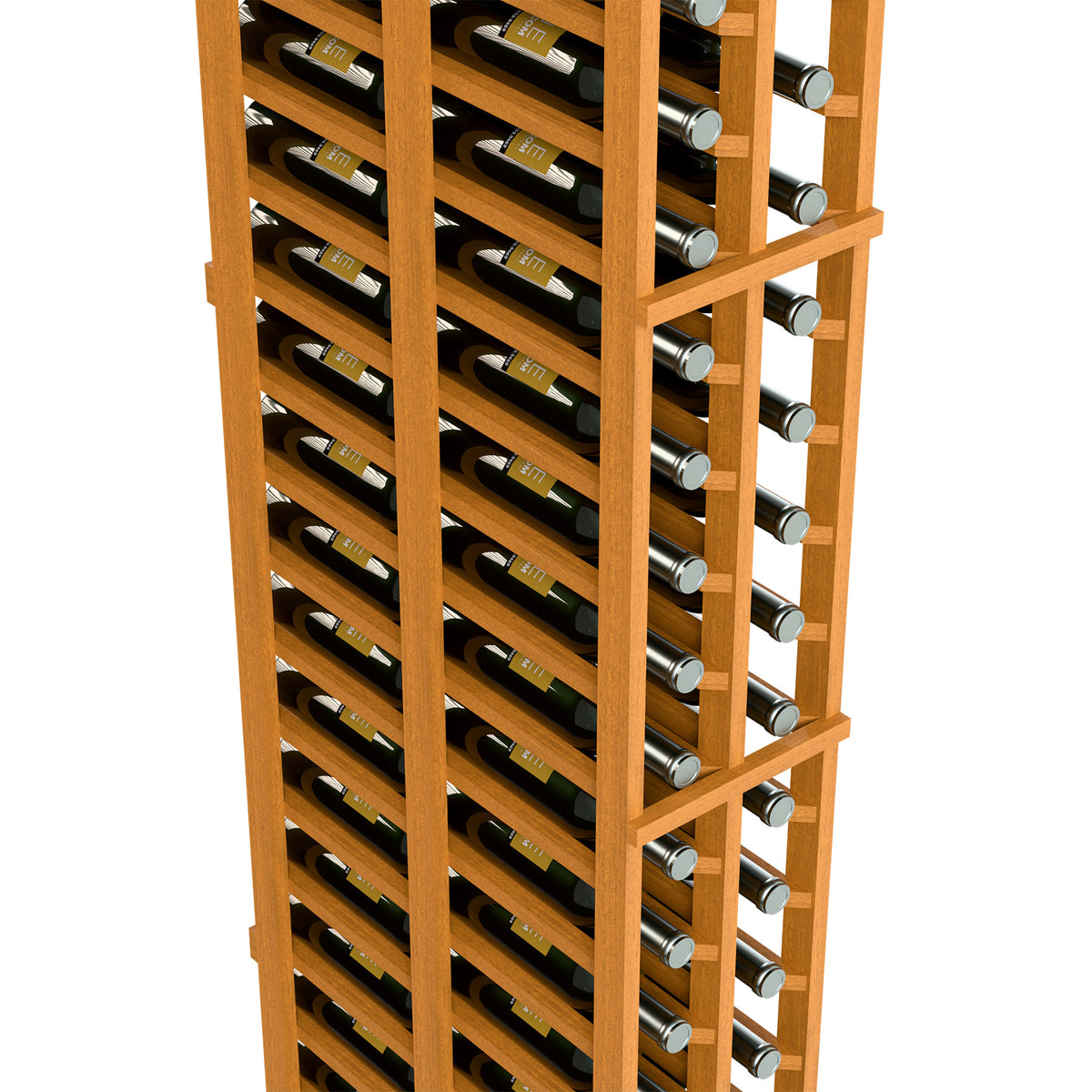 Two-column double deep wine rack showing bottle slots, warm wood frame with metal caps.