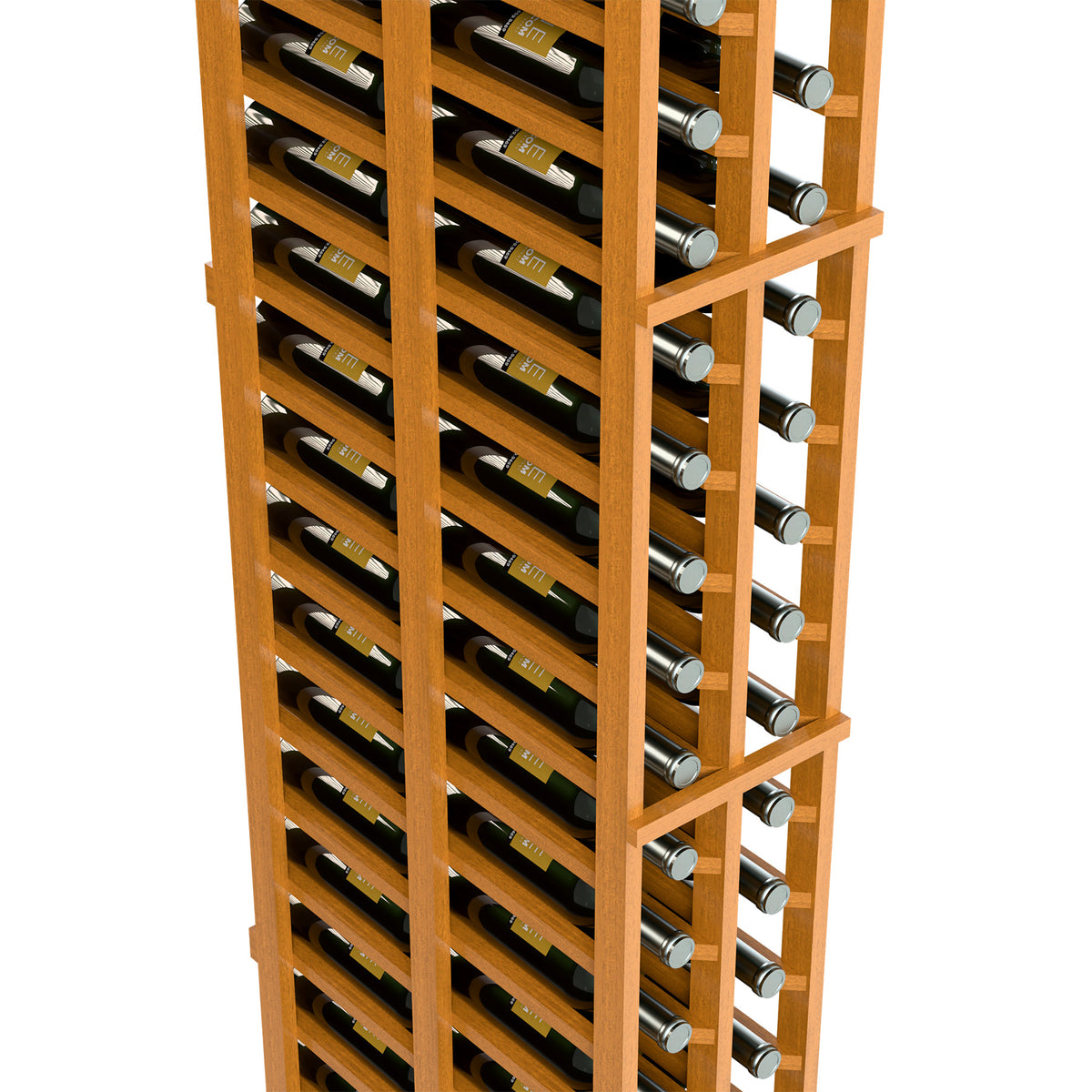 Two-column double deep wine rack with bottle slots, honey-colored wood frame.