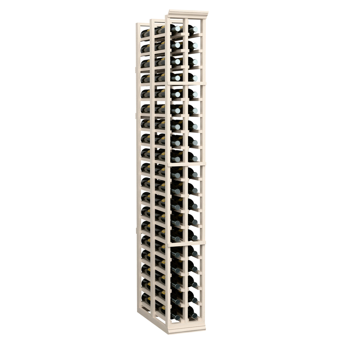 Two-column double deep wine rack with bottle slots, whitewashed light wood frame.