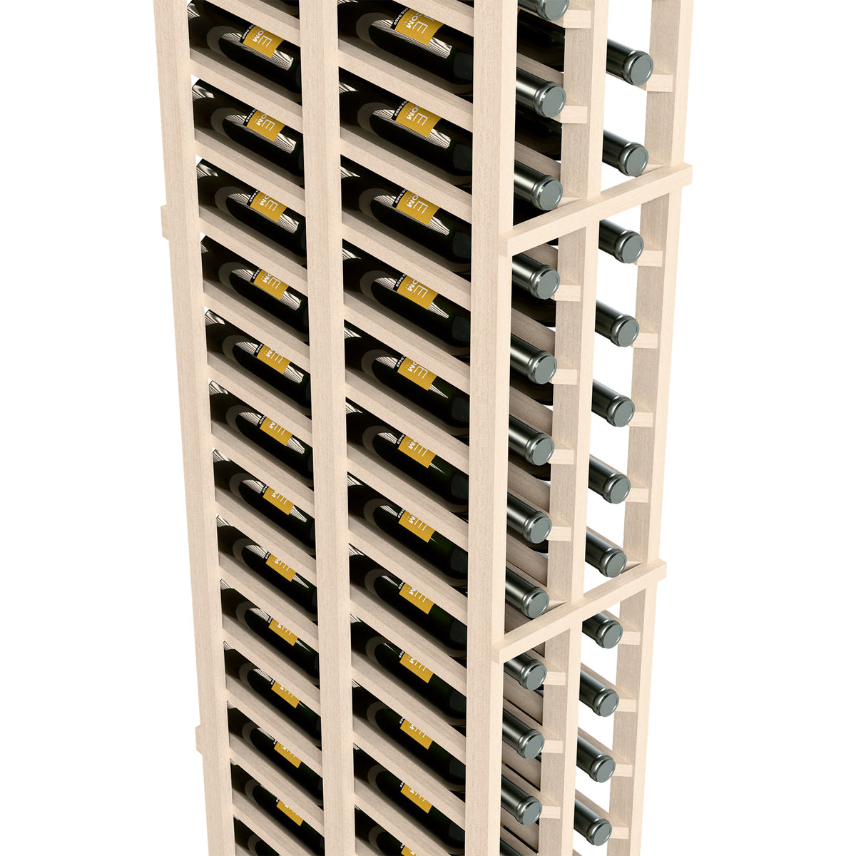 Two-column double deep wine rack showing bottle slots, whitewashed wood frame and metal caps.