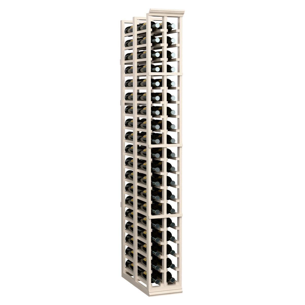 Two-column double deep wine rack with bottle slots, whitewashed light wood finish.