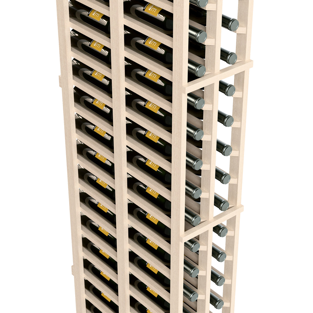 Two-column double deep wine rack showing bottle slots, whitewashed frame with bottle neck holders.