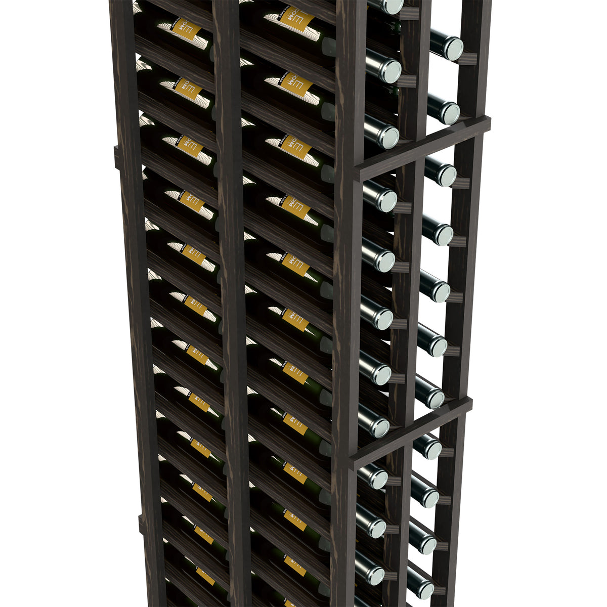 Dark wood wine rack with two-panel rows, wine bottles in angled slots and round bottle rests