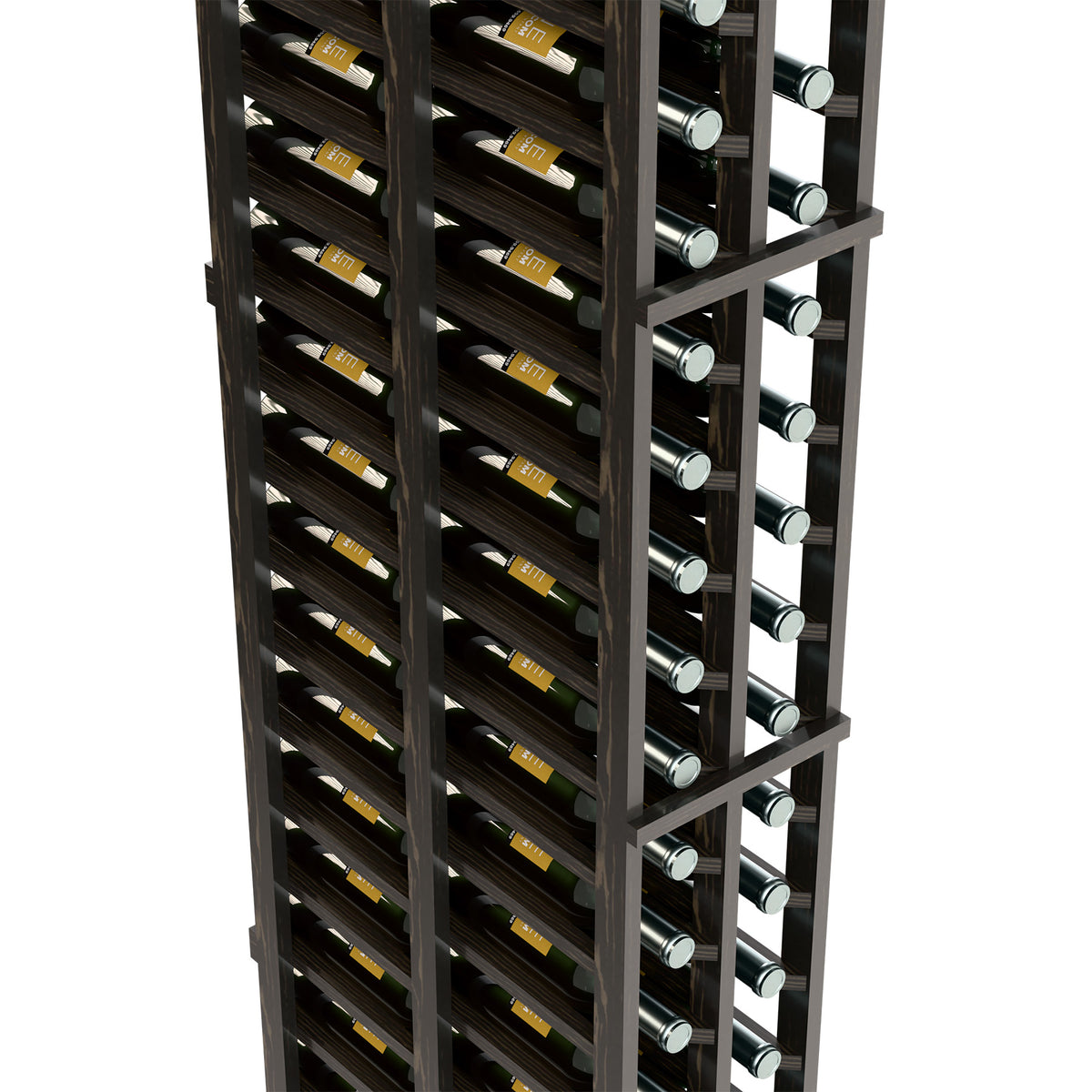 Close-up of dark wine rack with bottle slots and round silver-colored bottle ends