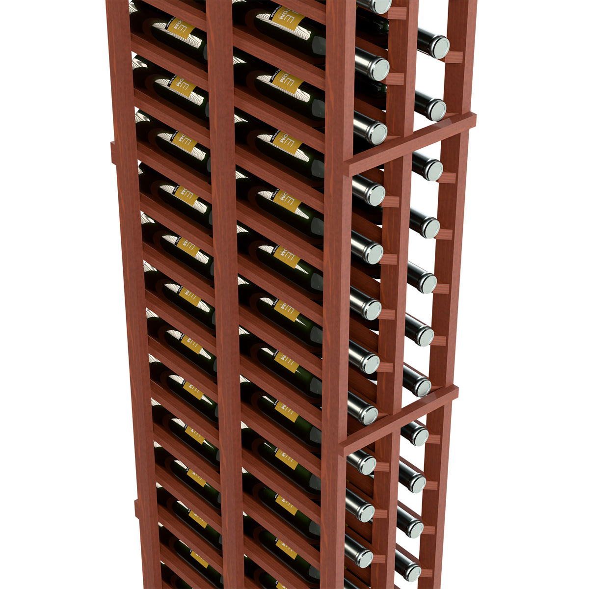 Reddish-brown wine rack close-up, two panel rows with wine bottles and round bottle rests