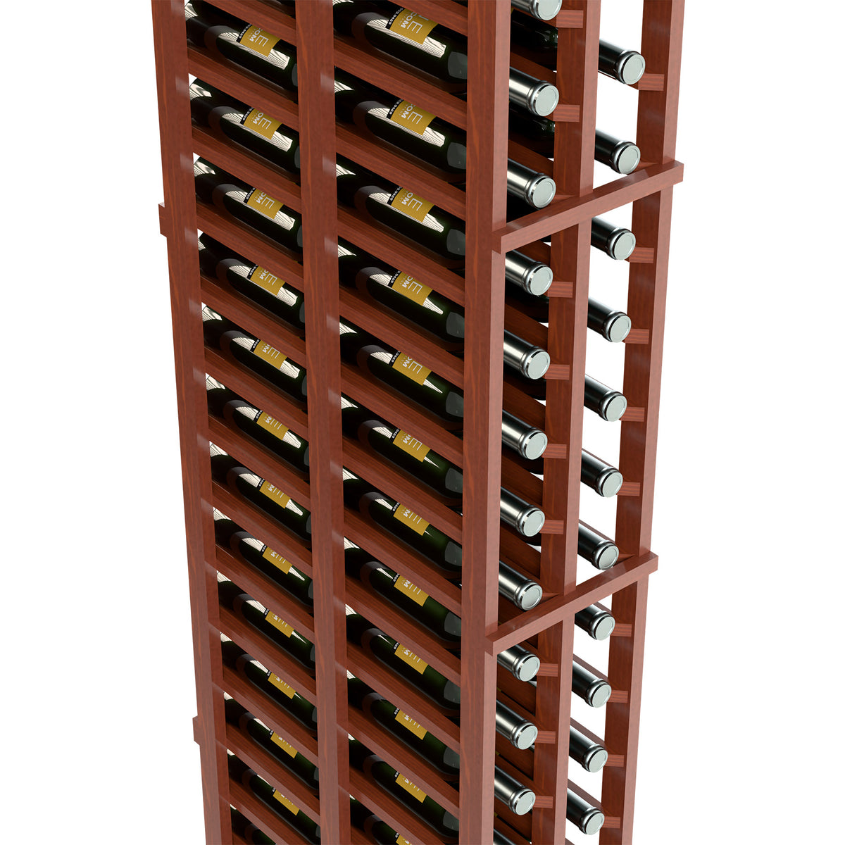Close-up of reddish-brown wine rack, wine bottle rows with round silver-colored bottle ends
