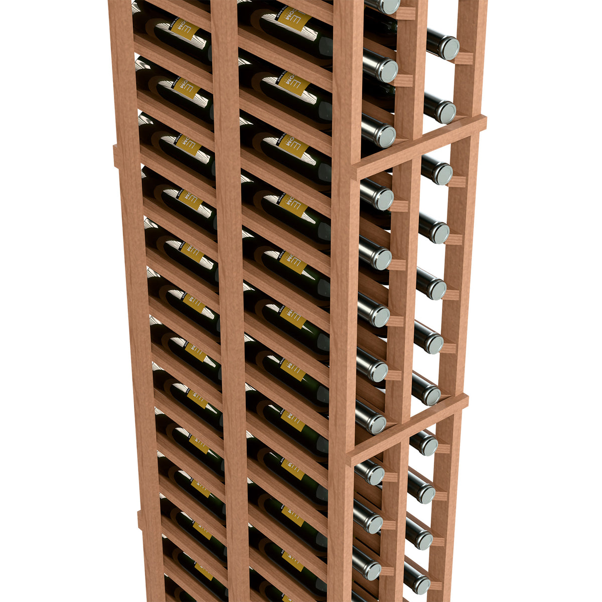 Light wood wine rack close-up, bottle slots with round silver-colored bottle ends