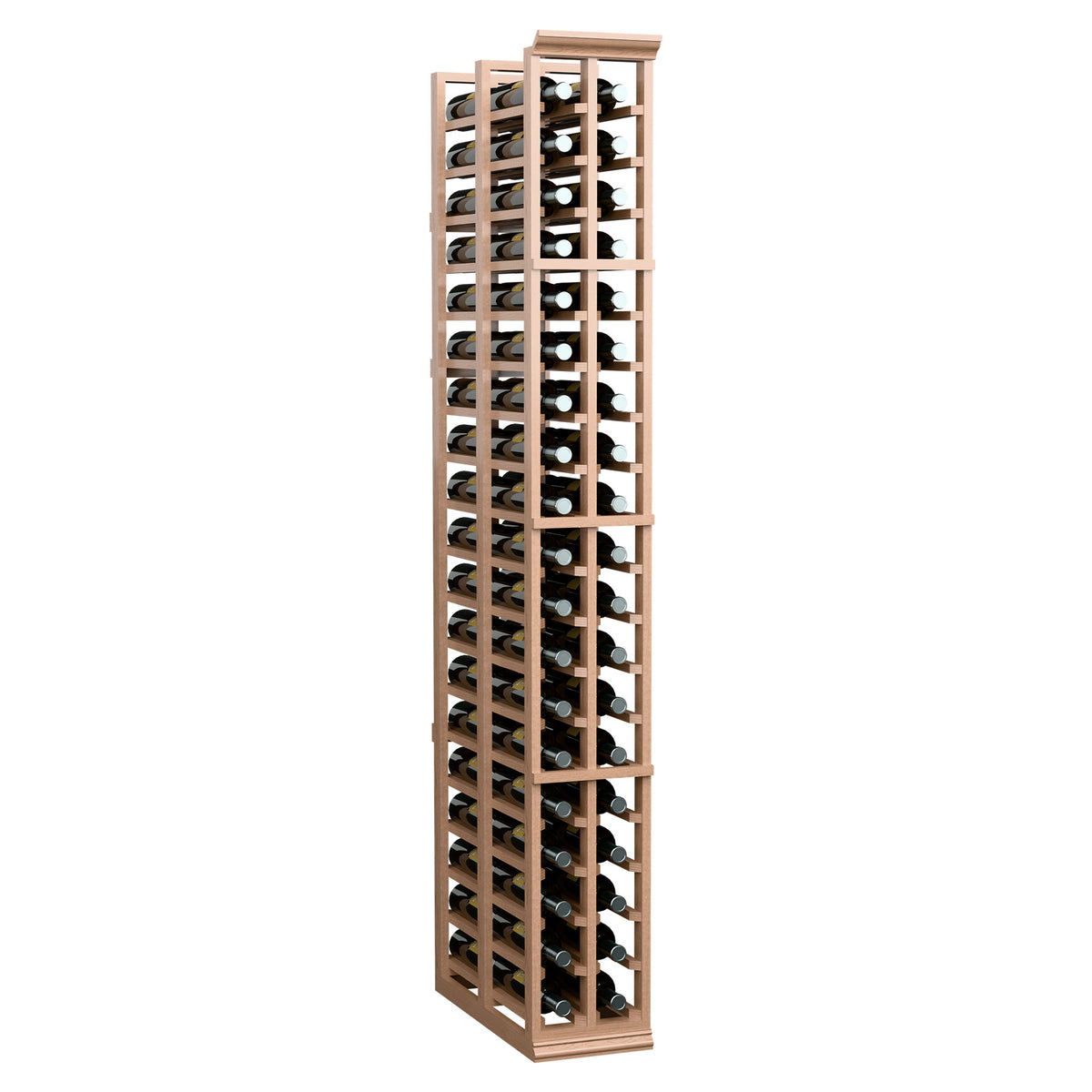 Wooden 2-column double deep wine rack holding bottles in divided slots