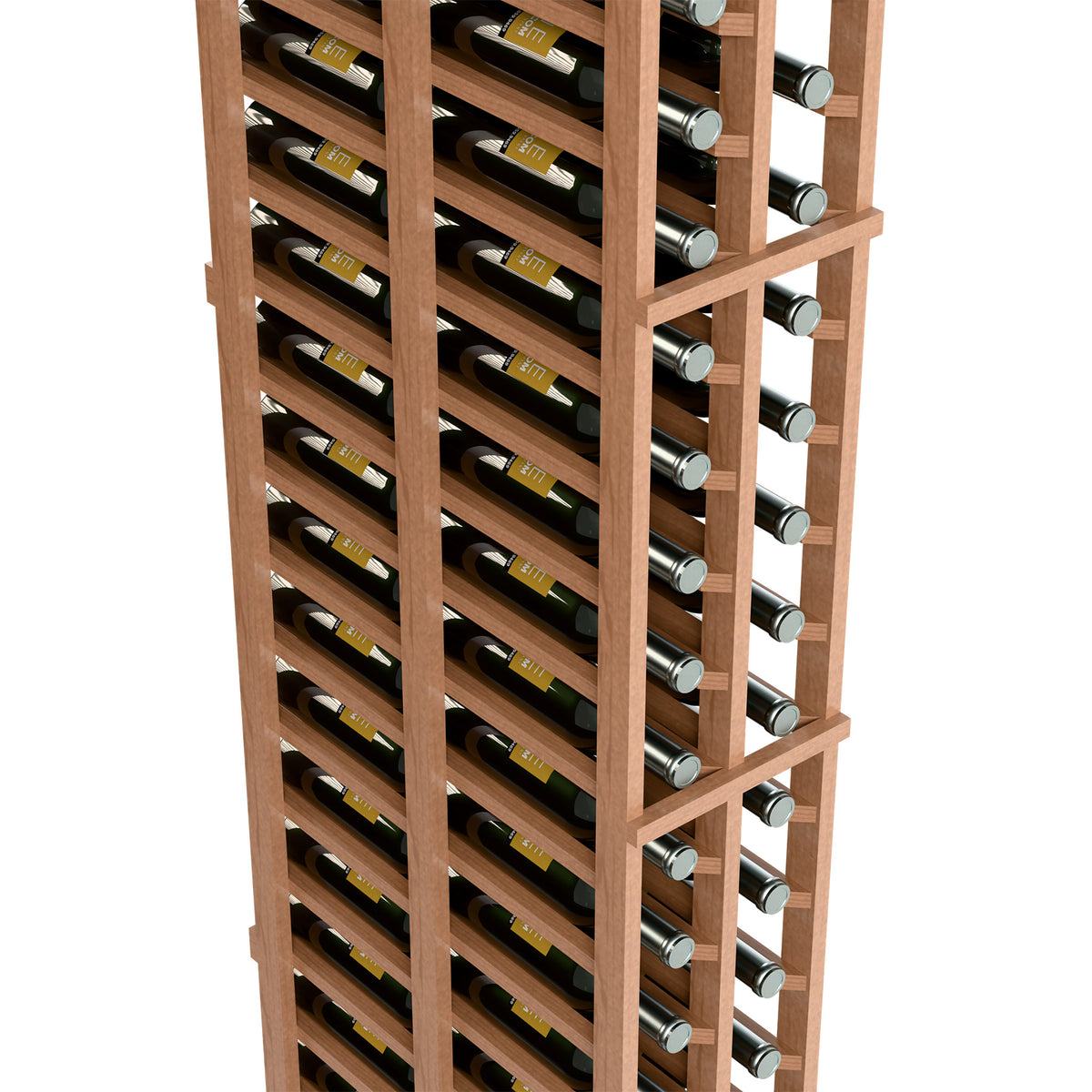 Wood wine rack with two bottle rows and metal bottle rests on divided frames