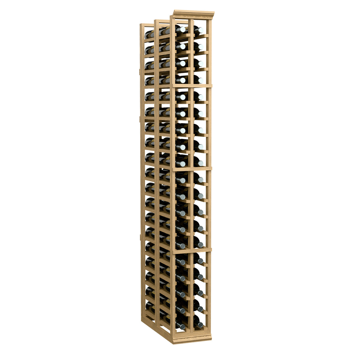 Tall wooden wine storage rack with two columns of bottle openings