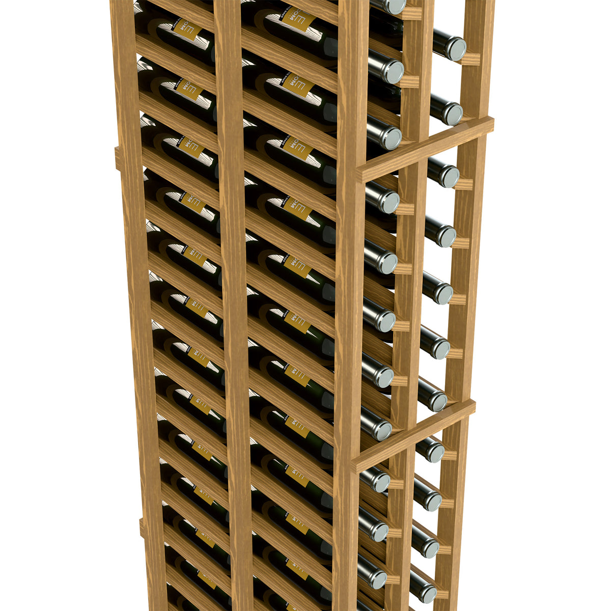 Wooden wine rack close-up showing two sides of bottle holders and metal supports