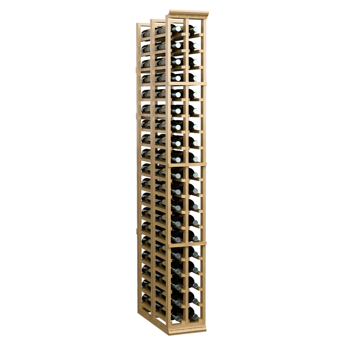 Freestanding wooden 2-column wine rack with bottle slots across two depths