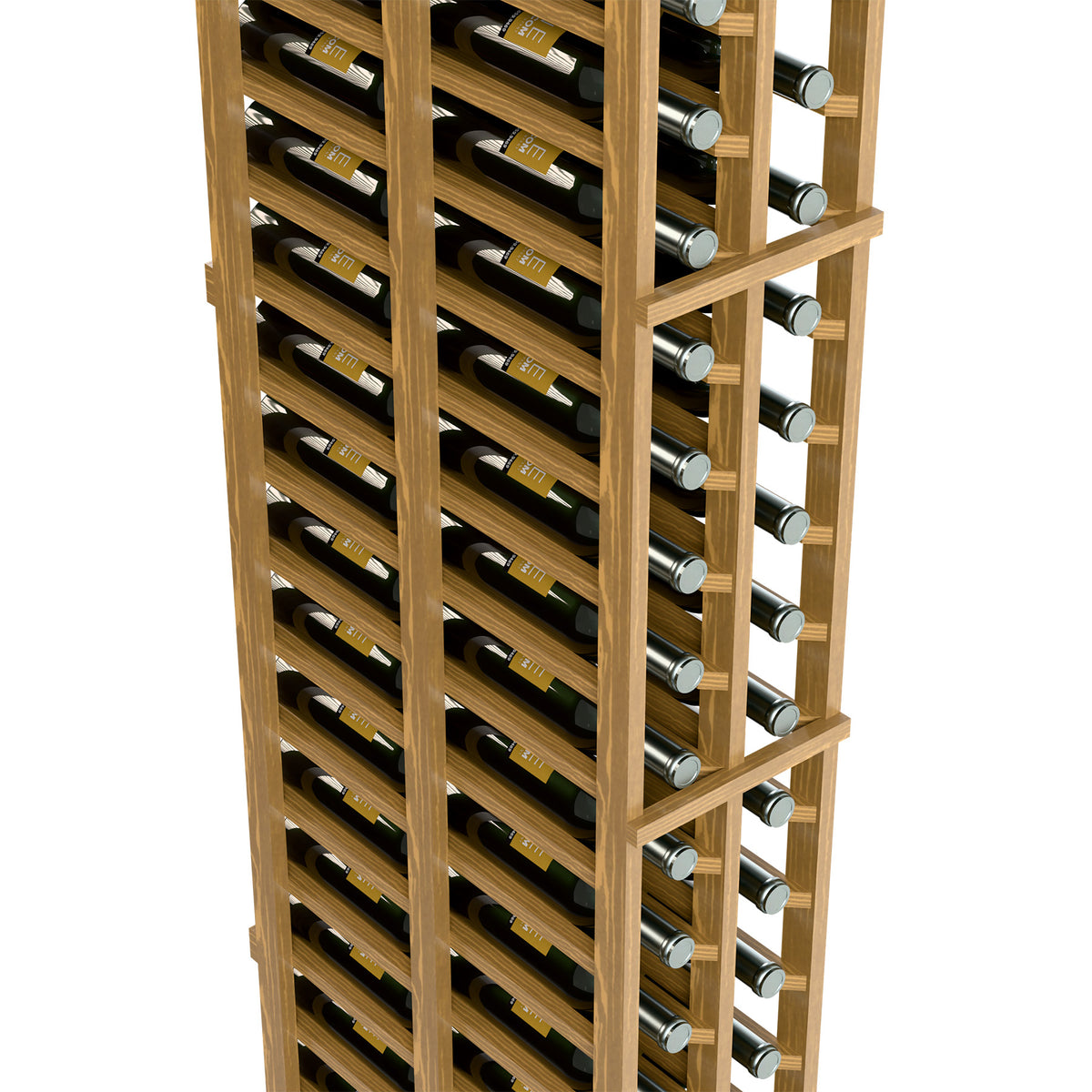 Wood wine rack detail view with multiple bottle rests and two storage columns