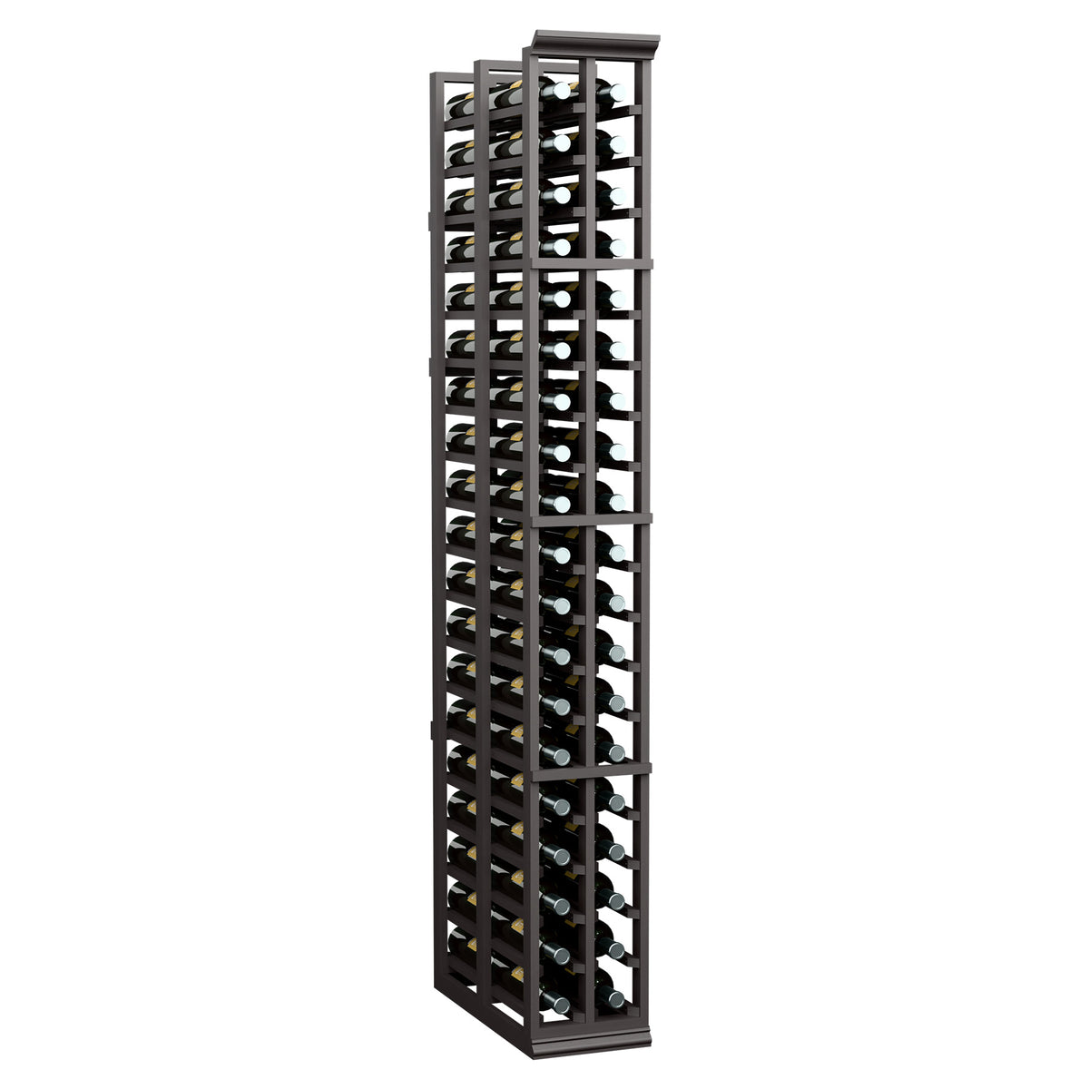 Dark-stained wooden wine rack with two columns of bottles in vertical slots