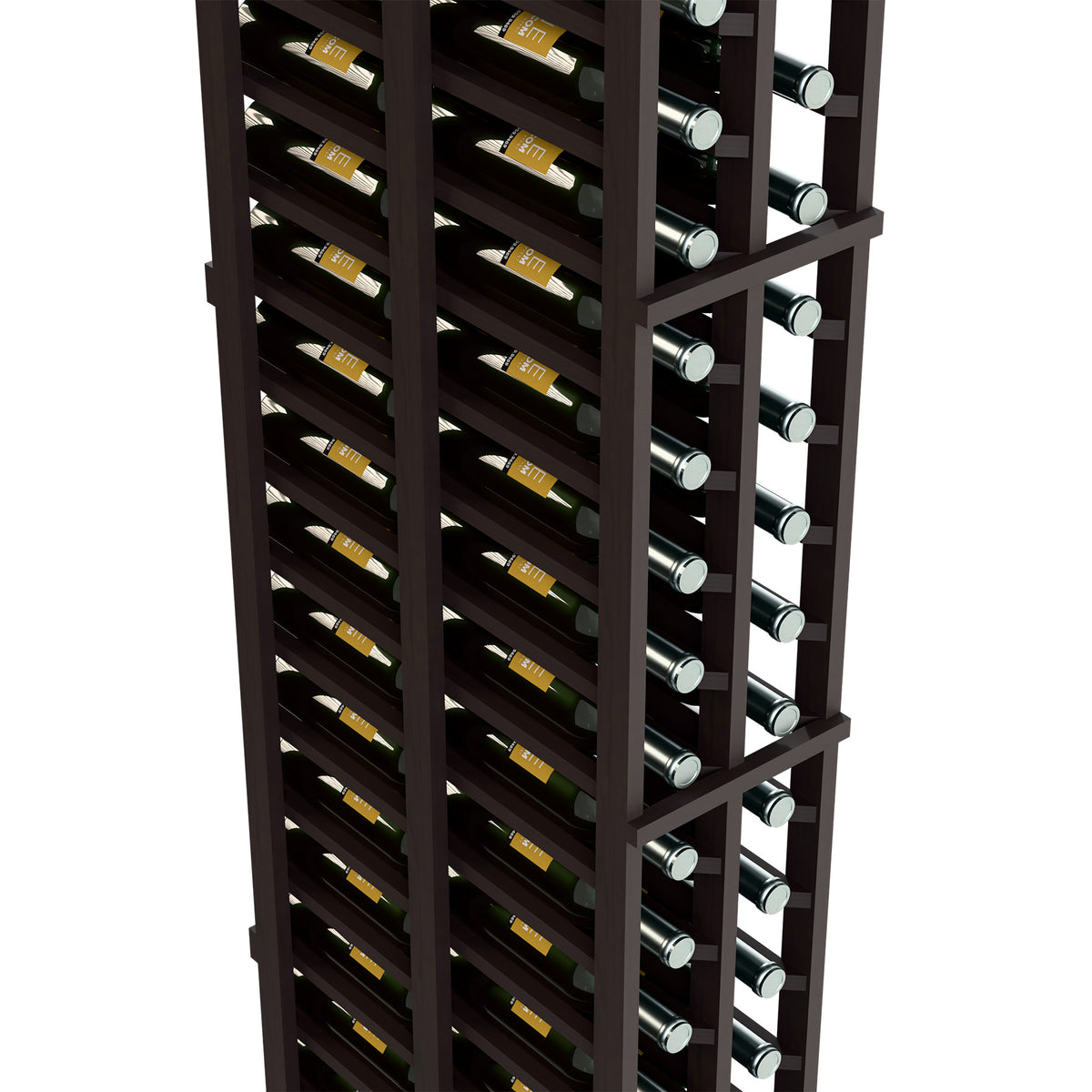 Dark wine rack close-up showing two bottle rows with metal bottle holders