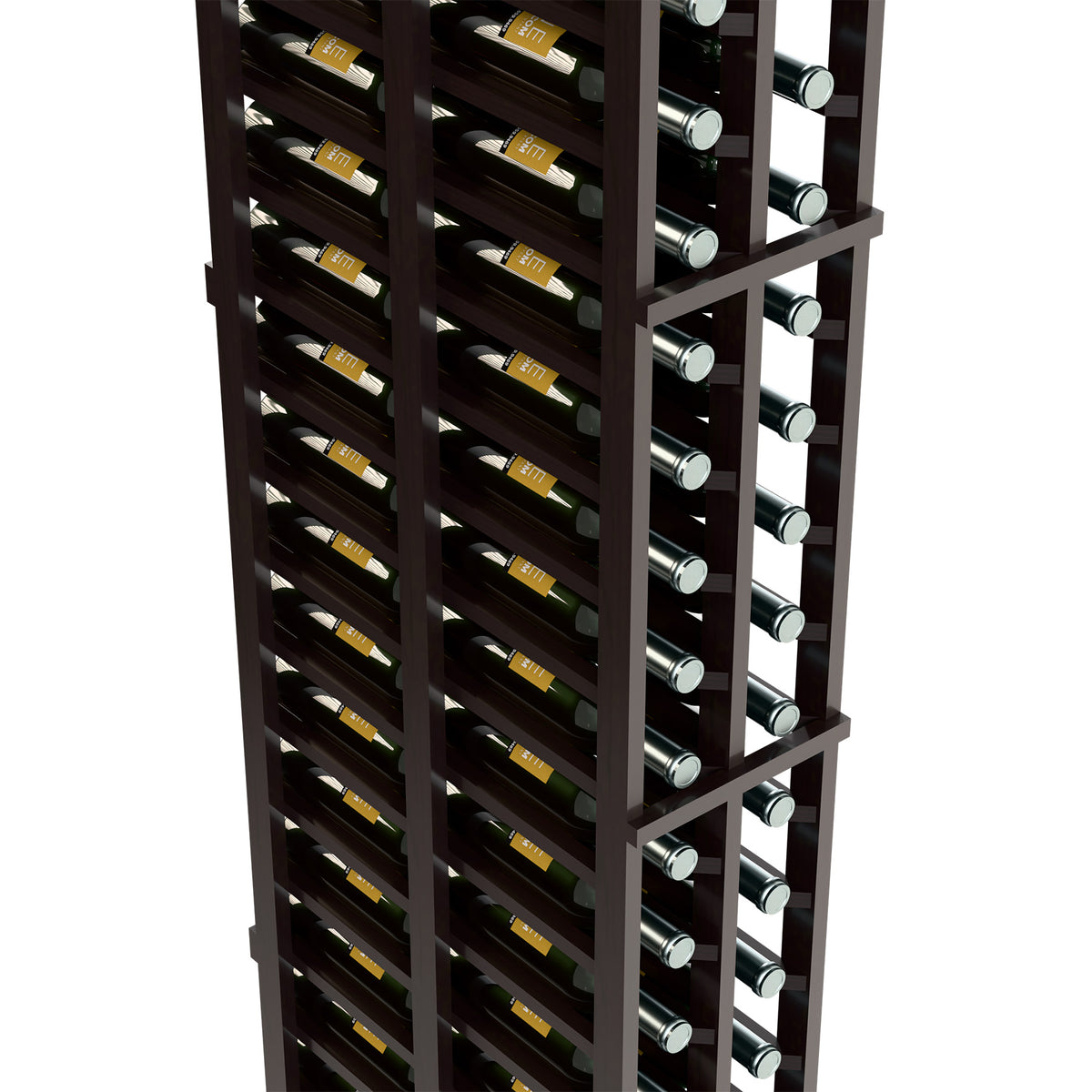 Dark-stained wooden wine rack angled view with divided slots for bottles