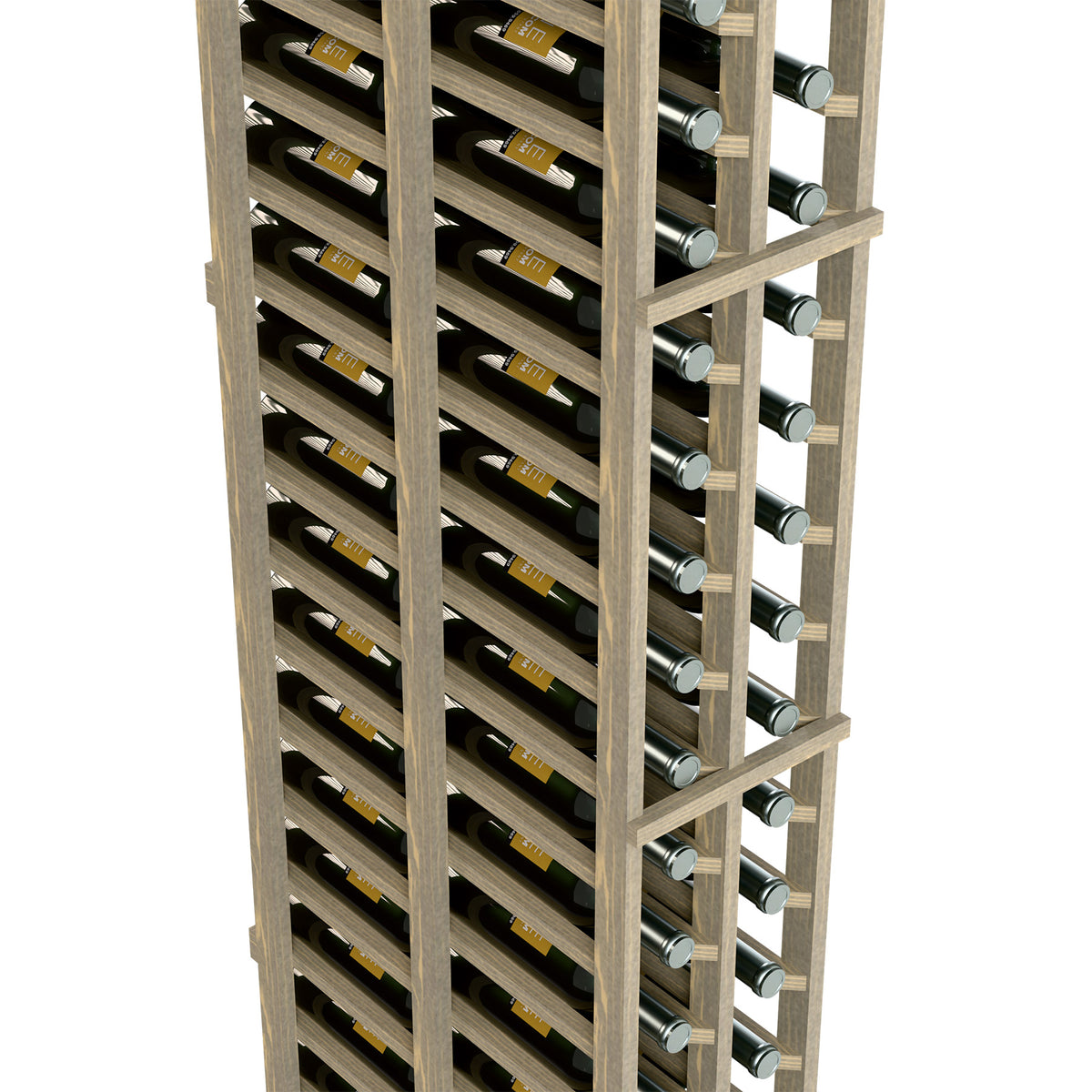 2-column double-deep wine rack detail with light wood shelves and silver-capped bottles