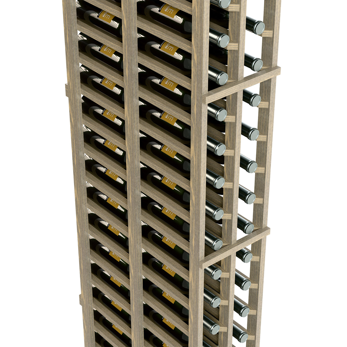 2-column double-deep wine rack close-up showing light wood frame and bottle openings