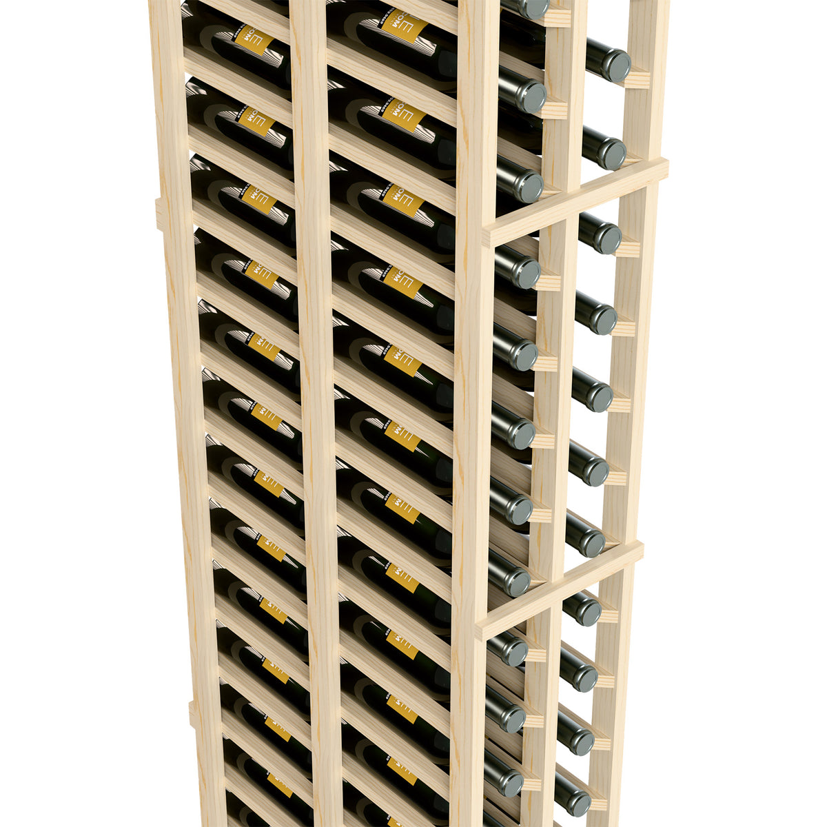 2-column double-deep wine rack detail with light wood frame and rows of bottles