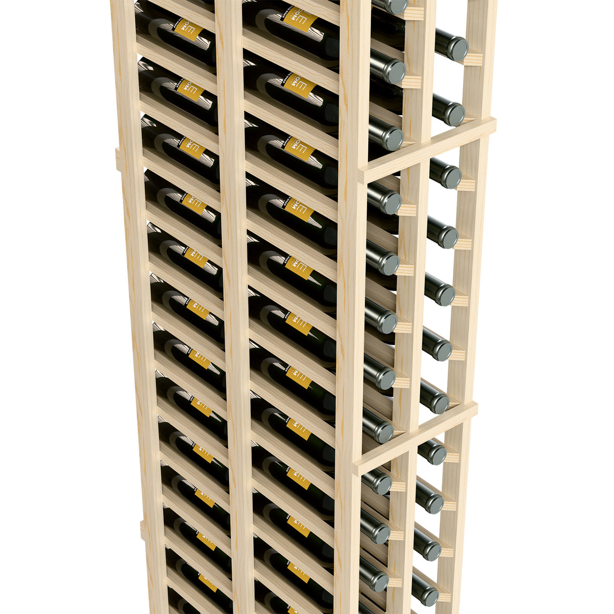 2-column double-deep wine rack close-up with light wood sides and bottle necks