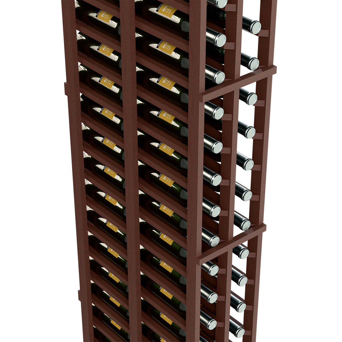 2-column double-deep wine rack close-up with dark wood frame and silver-capped bottles